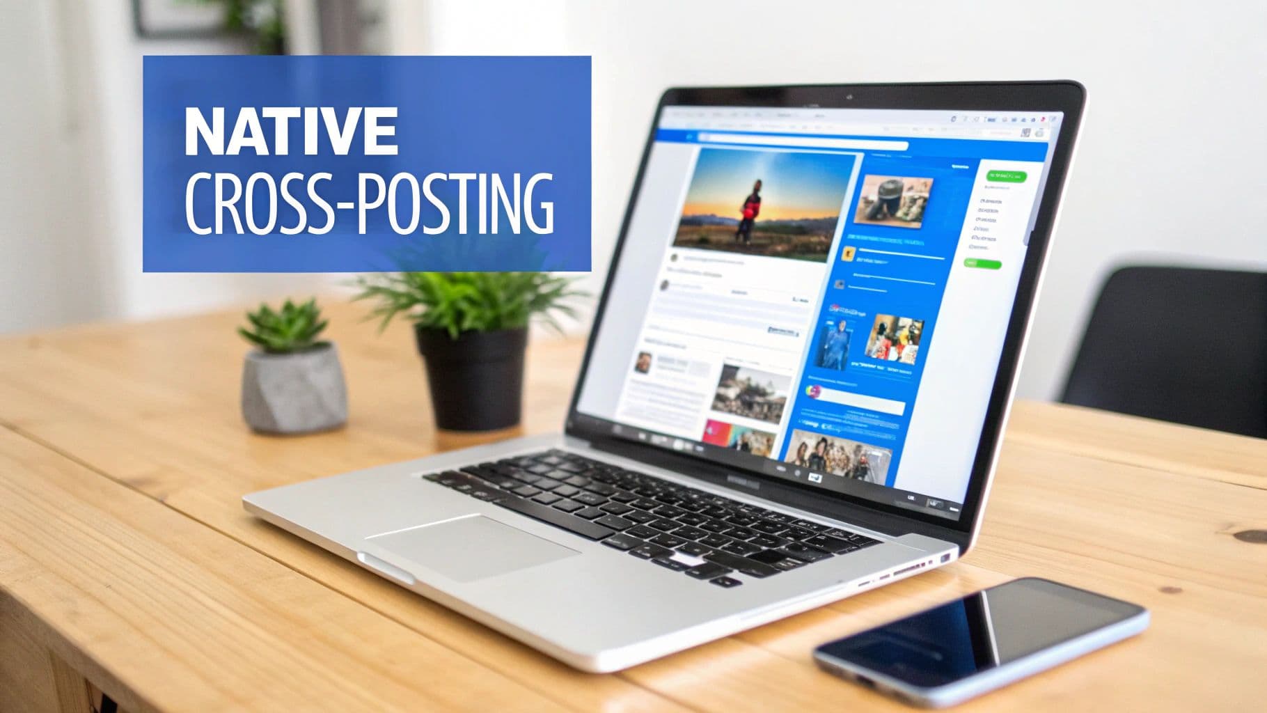 A laptop showing a social media feed, smartphone, and plants on a wooden desk, with 'NATIVE CROSS-POSTING' text.
