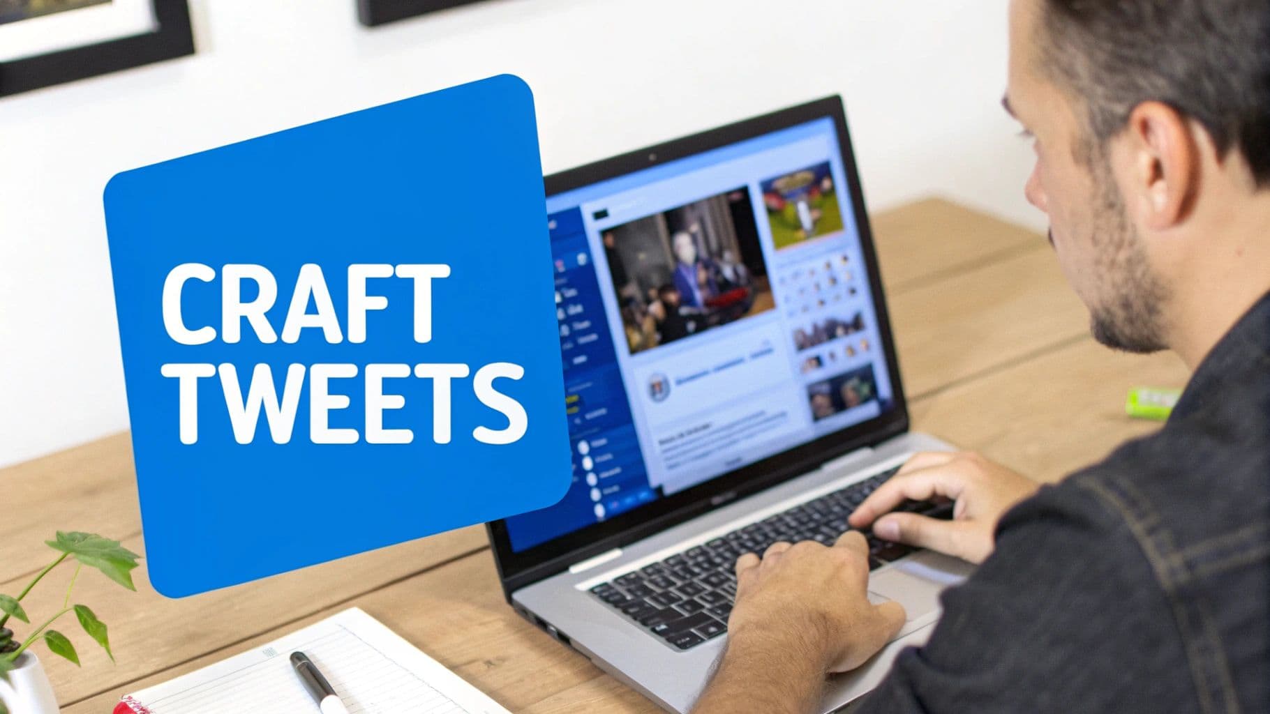 A man crafting tweets on a laptop, with a prominent blue graphic displaying 'CRAFT TWEETS'.