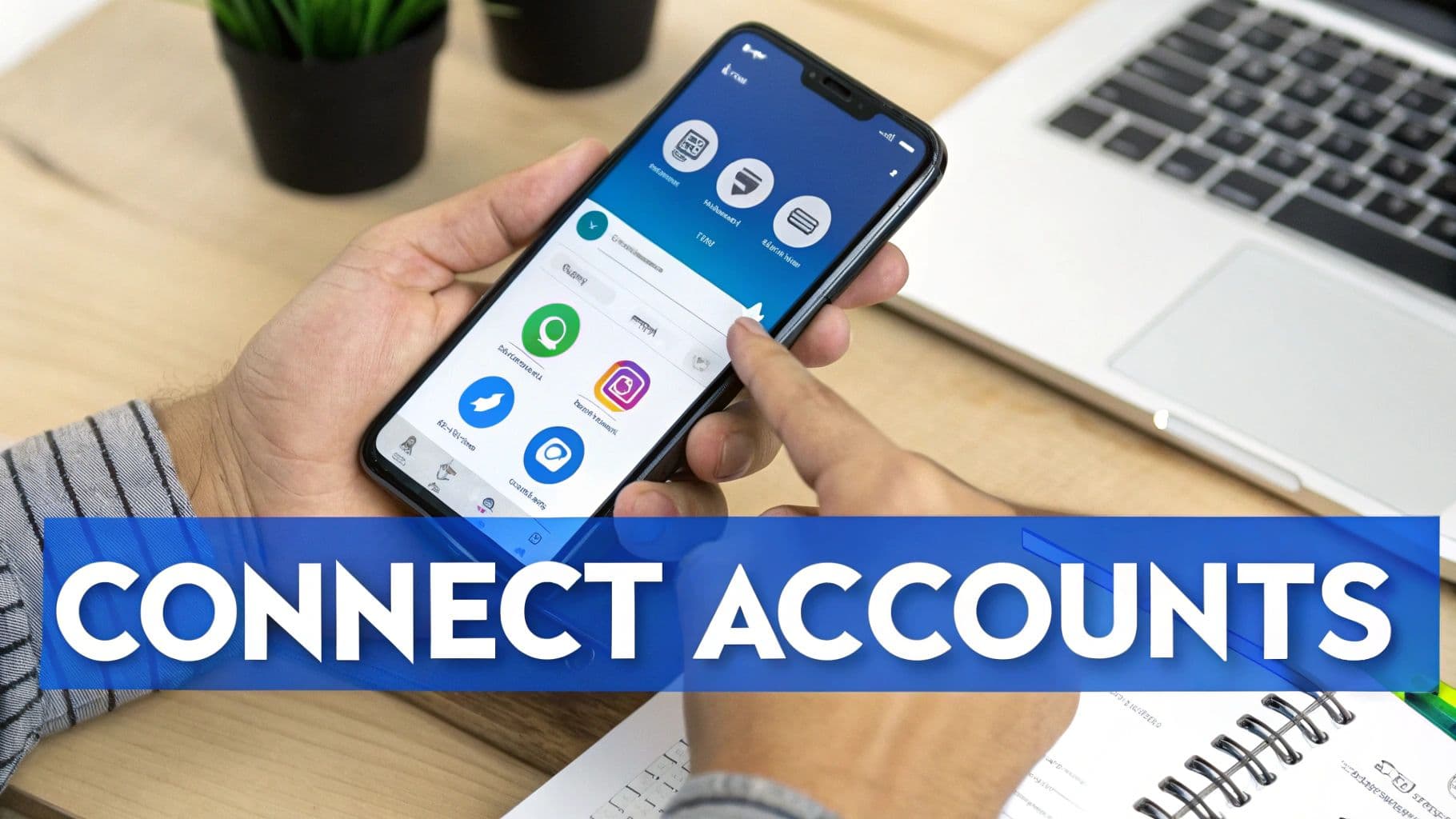 A person holds a smartphone connecting accounts, displaying social media app icons, with a laptop nearby.