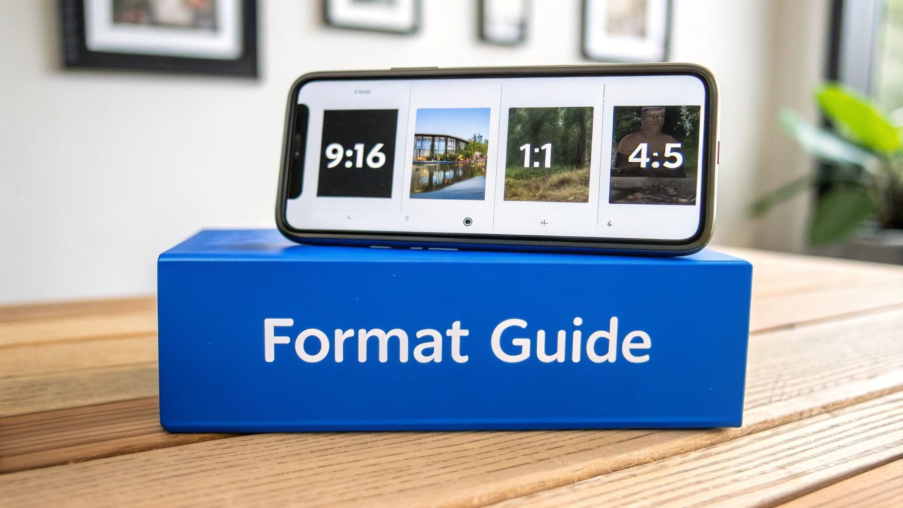 A smartphone displays different aspect ratios like 9:16, 1:1, and 4:5, resting on a 'Format Guide' box.