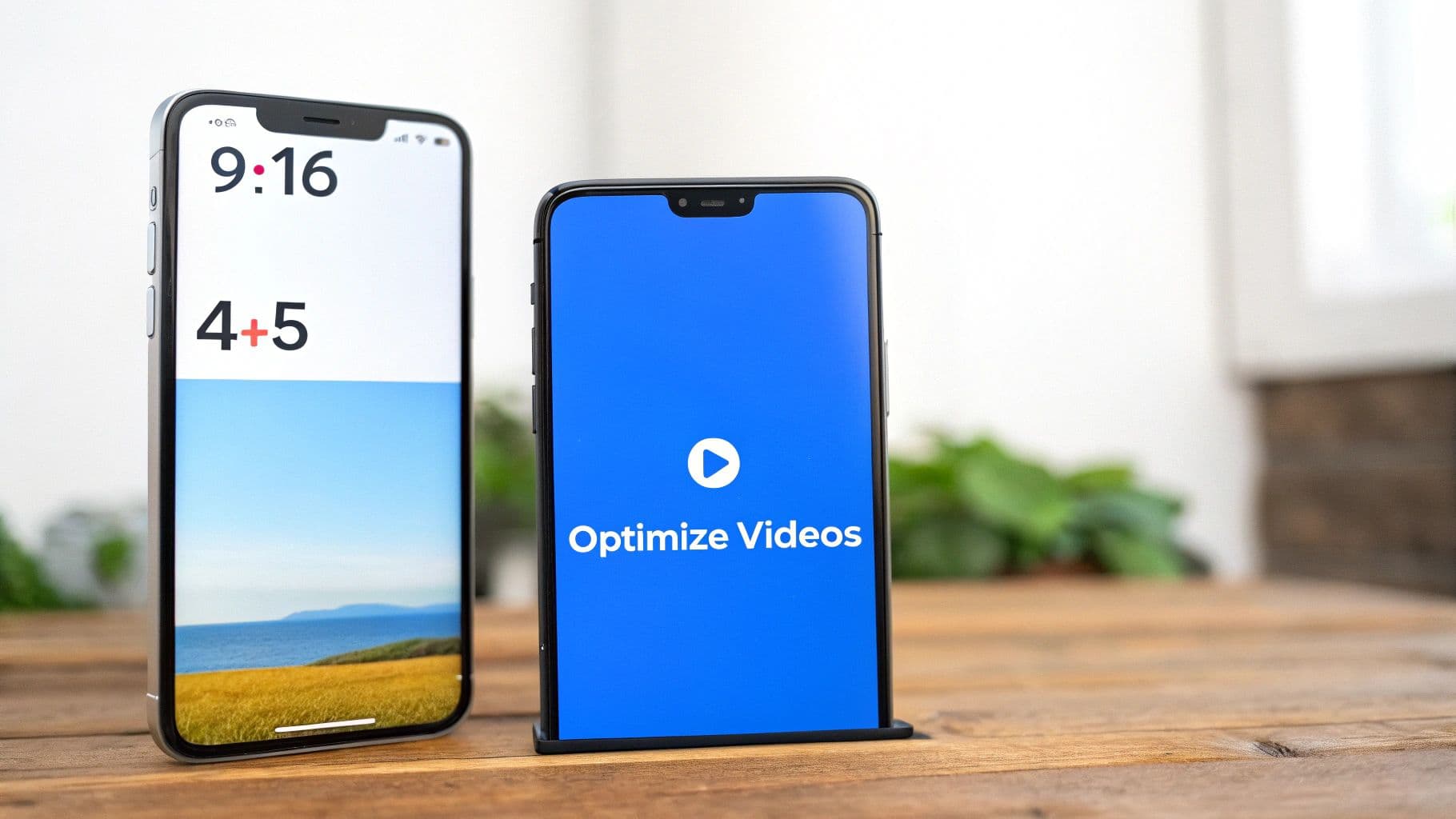Two smartphones on a wooden table, one displaying video aspect ratios, the other a 'Optimize Videos' app.