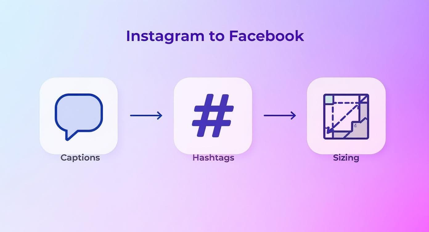 A graphic illustrating considerations for posting from Instagram to Facebook, including captions, hashtags, and sizing.