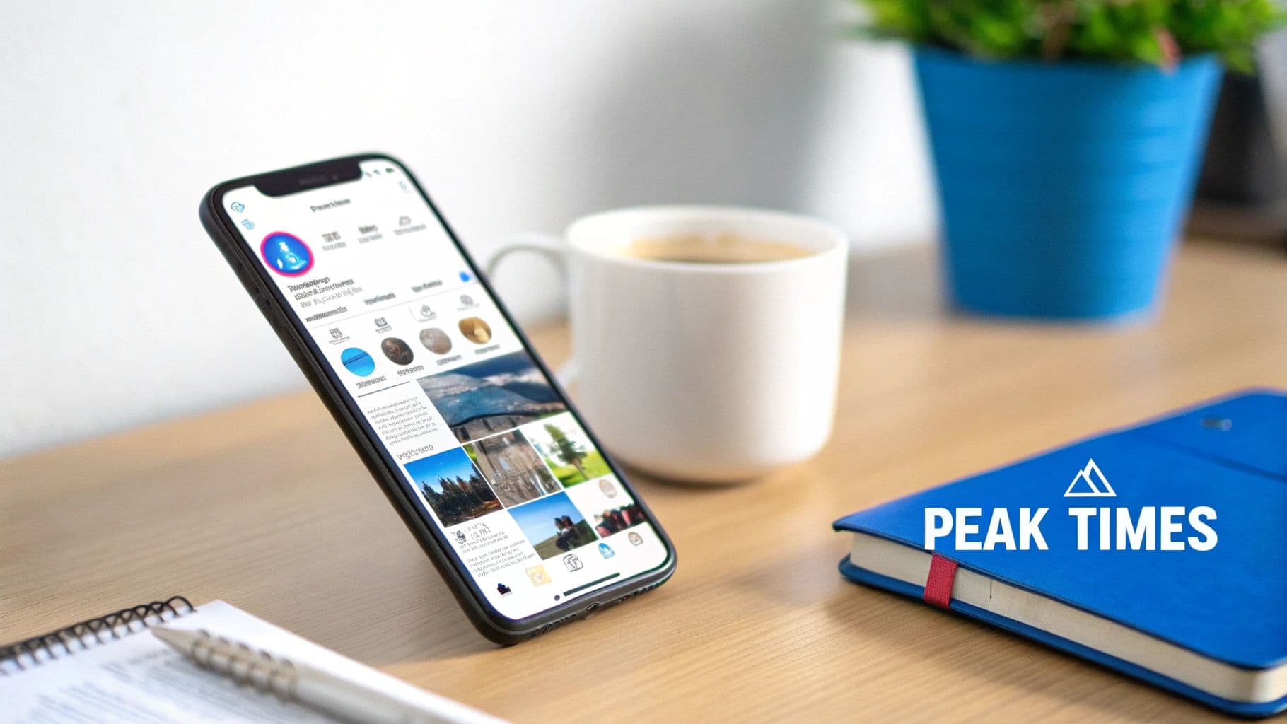 A smartphone displaying an Instagram profile, a coffee cup, a notebook, and a blue planner on a desk.
