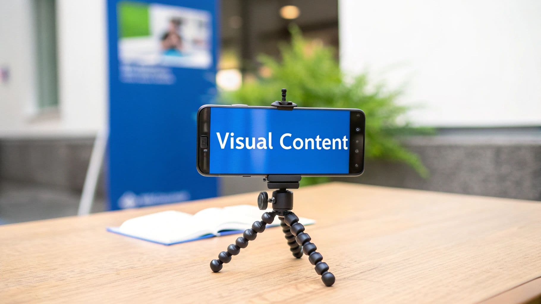 A smartphone on a tripod displays 'Visual Content' on its blue screen, set on a wooden table.