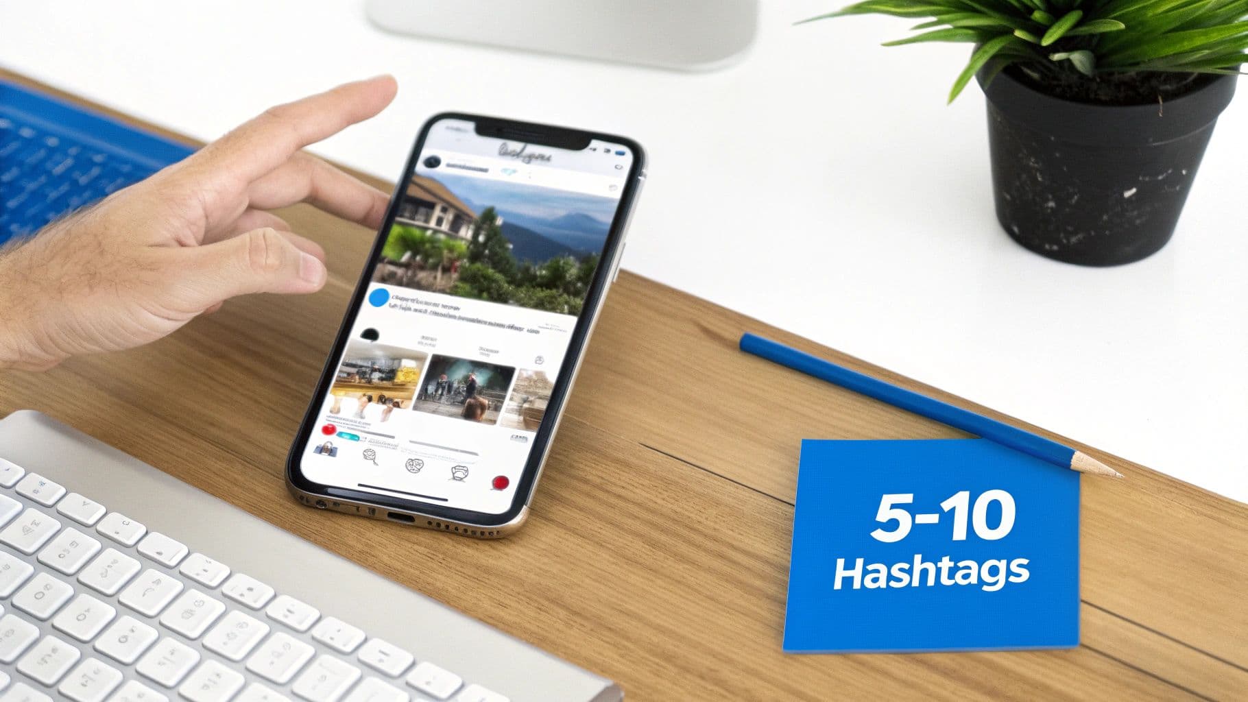 A person's hand scrolls a smartphone displaying a social media feed on a wooden desk with a '5-10 Hashtags' sticky note.