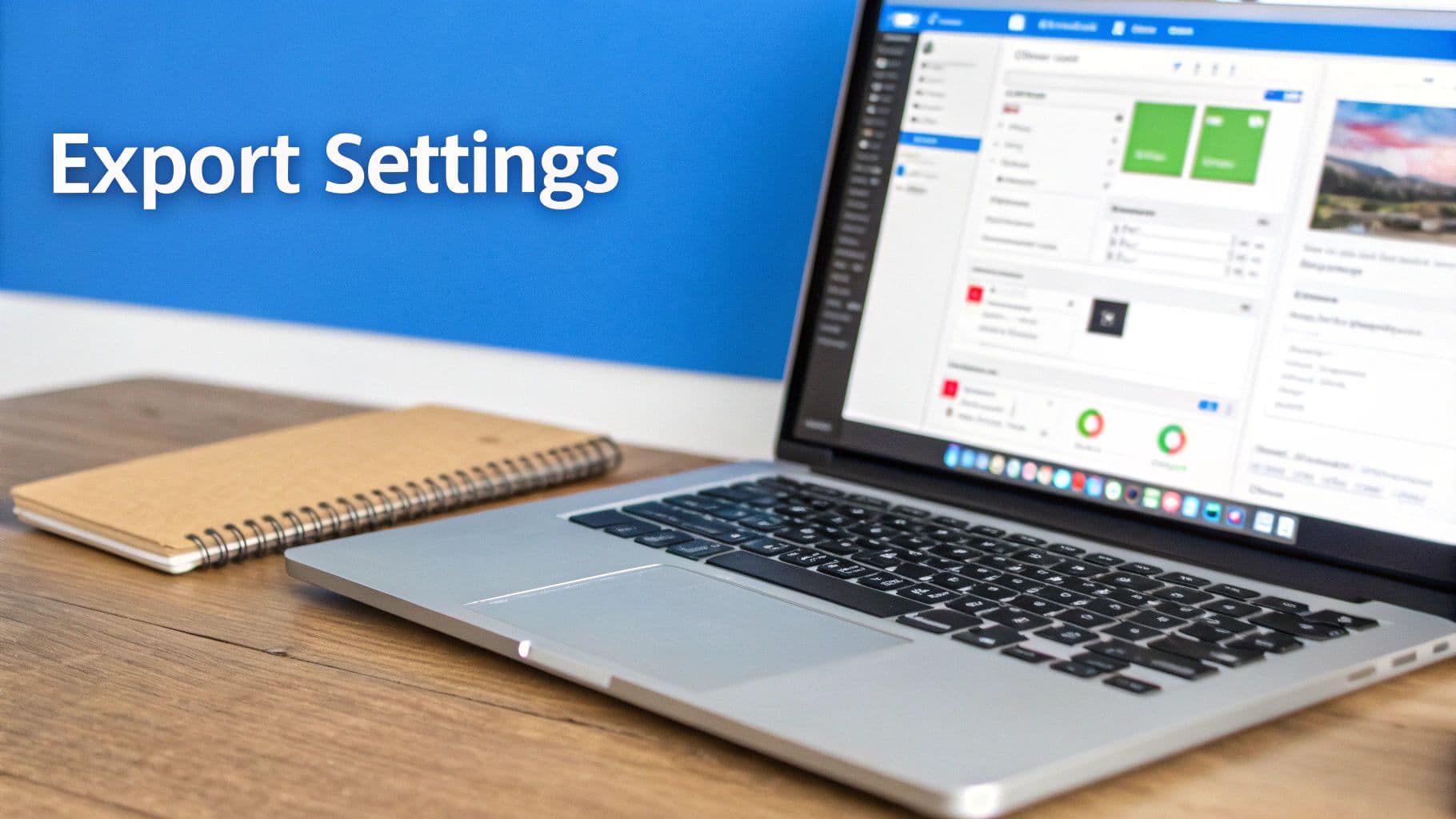 Laptop displaying a software interface next to a notebook, with 'Export Settings' text on a blue wall.