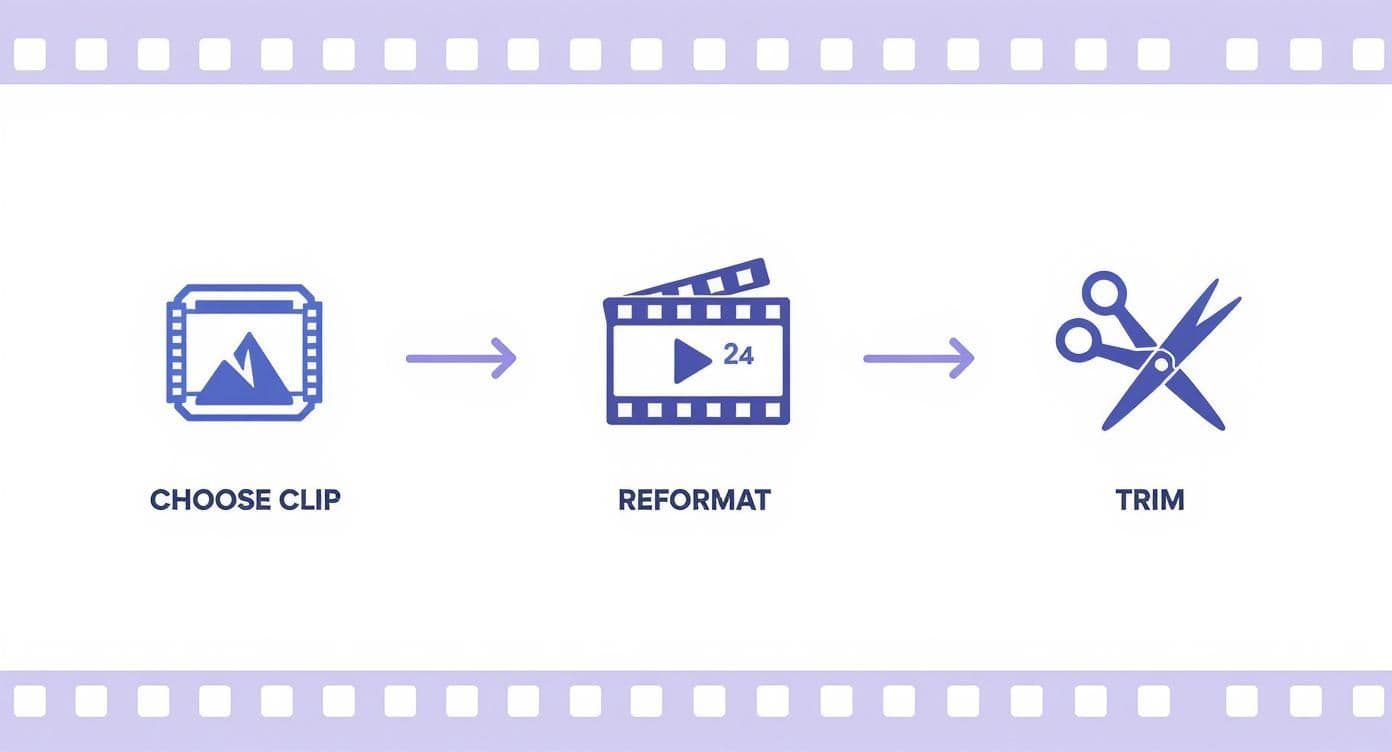 Infographic showing the video preparation process: Choose Clip, Reformat, and Trim.