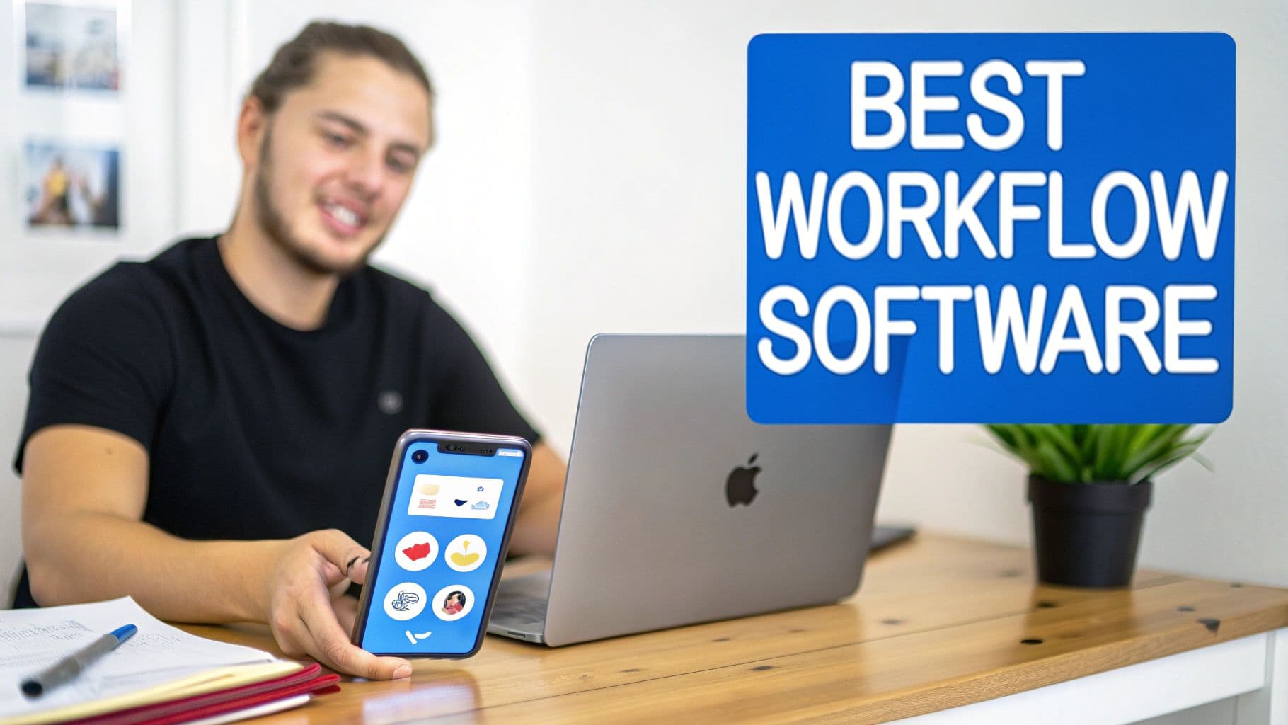 A smiling man uses a smartphone next to a laptop, with a "BEST WORKFLOW SOFTWARE" sign.
