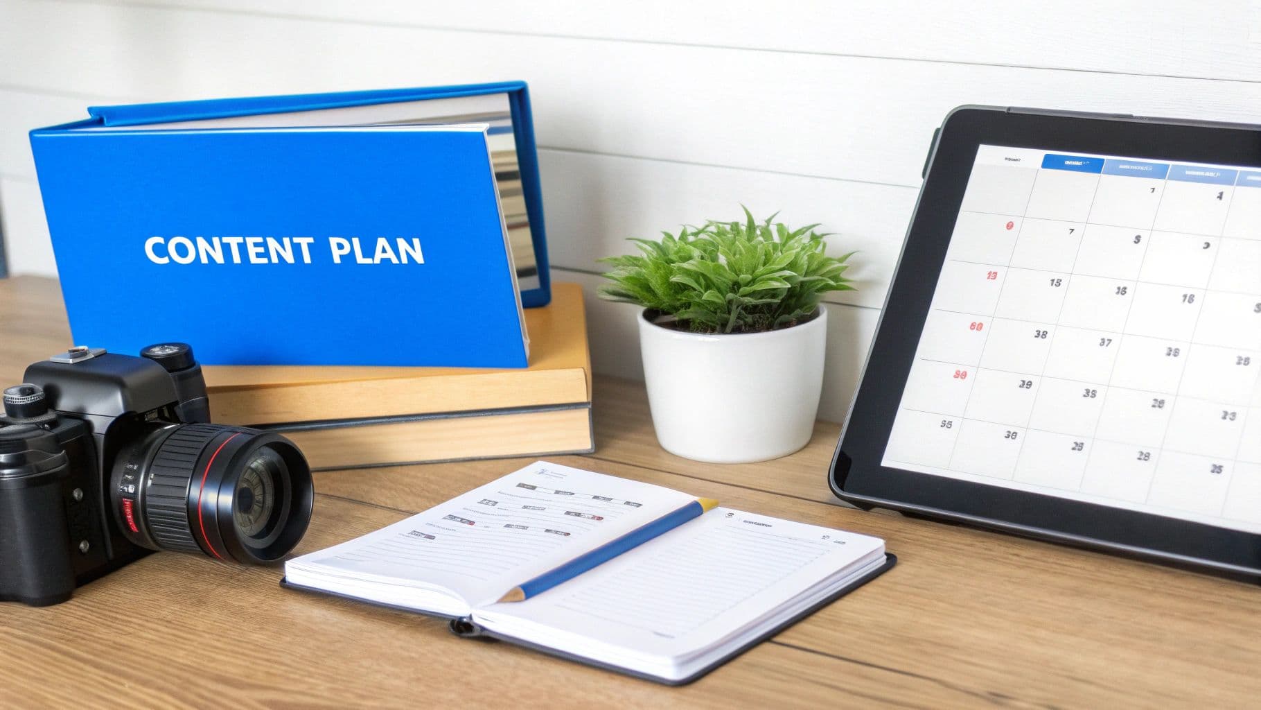 A creative workspace showing a 'CONTENT PLAN' binder, camera, tablet with calendar, and notebook.