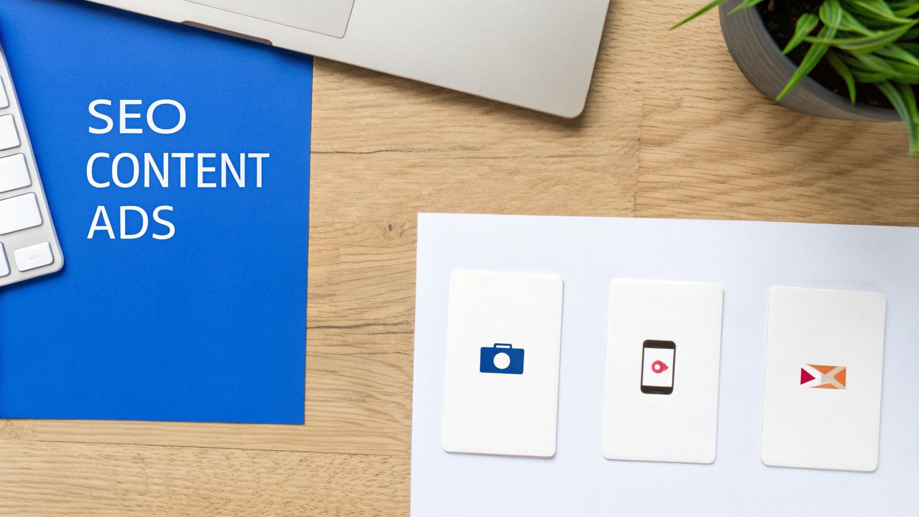 Flat lay of a desk showing 'SEO CONTENT ADS' paper, laptop, keyboard, and digital media icons.