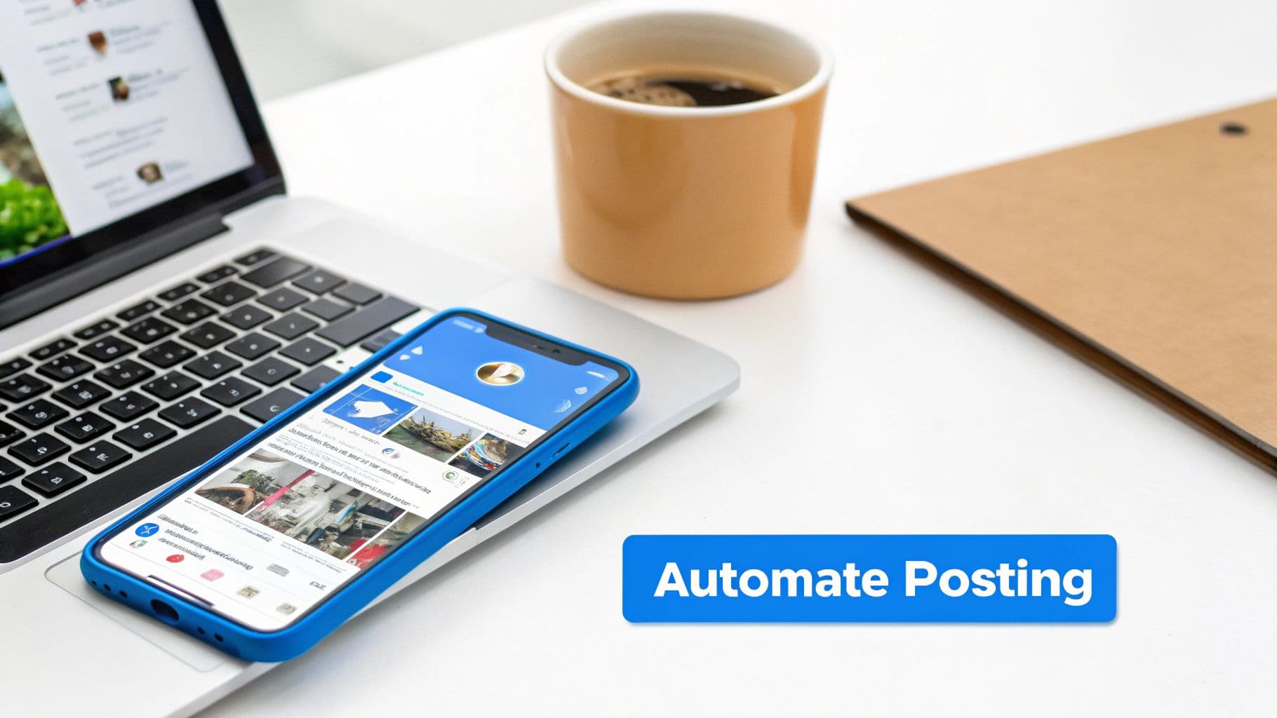 A smartphone displaying a social media feed rests on a laptop keyboard, with a coffee cup and 'Automate Posting' text.