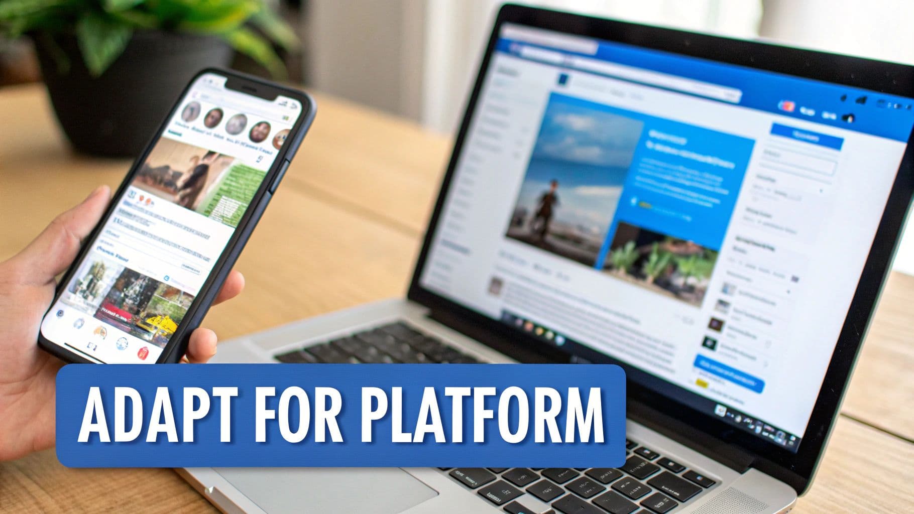 A split-screen view showing a busy Facebook feed on one side and a visually-driven Instagram feed on the other.