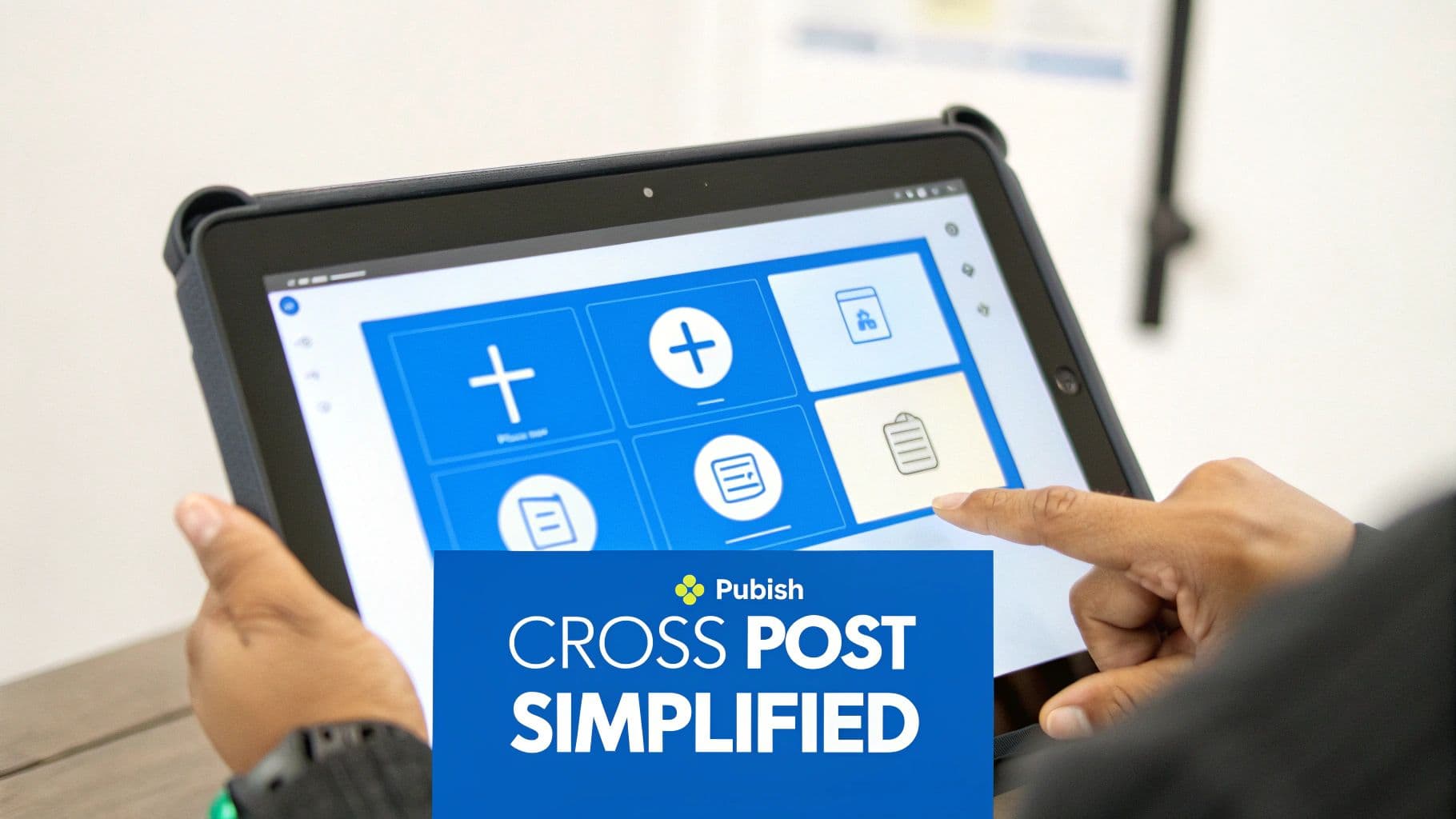 A person's hands interact with a tablet displaying a content publishing application.