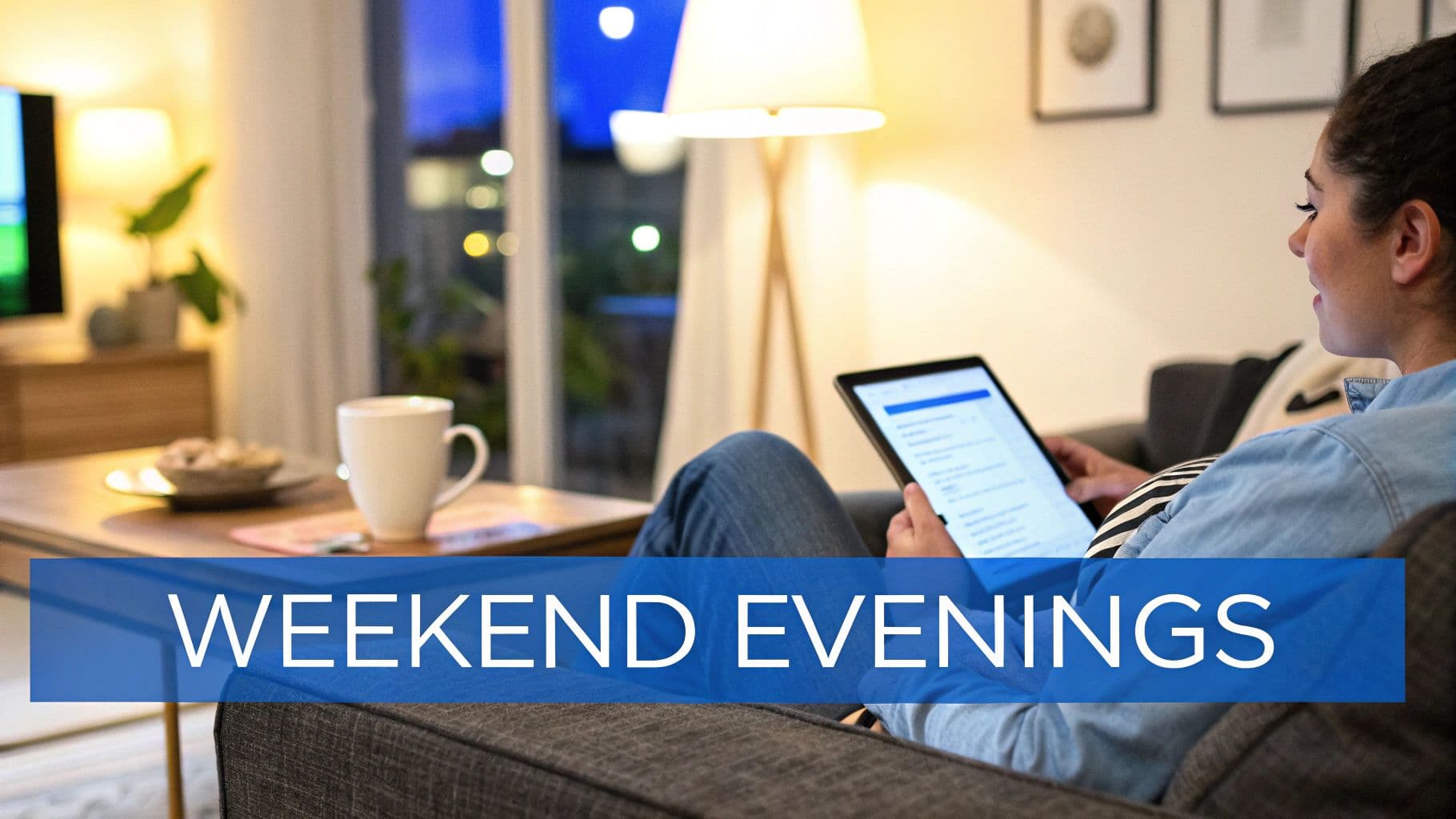 A person relaxing on a couch using a tablet with a coffee and snack, text "WEEKEND EVENINGS".