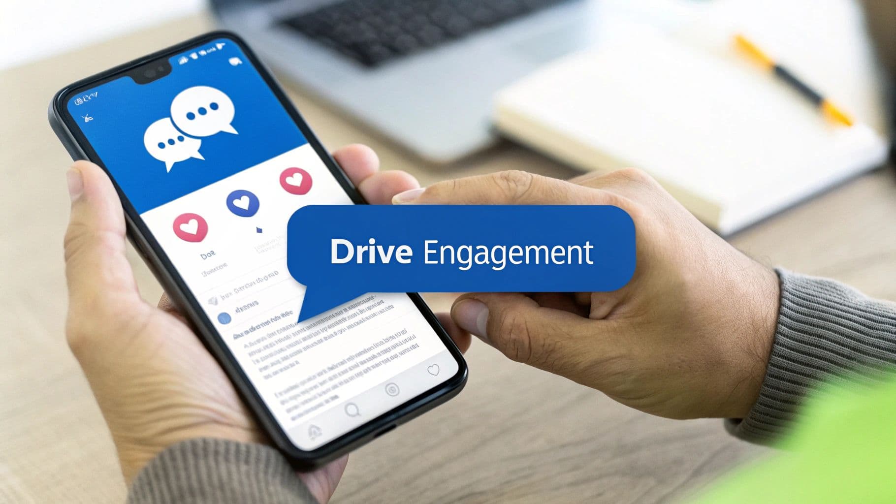 A person editing a video on a laptop with social media icons floating around, symbolizing engagement.