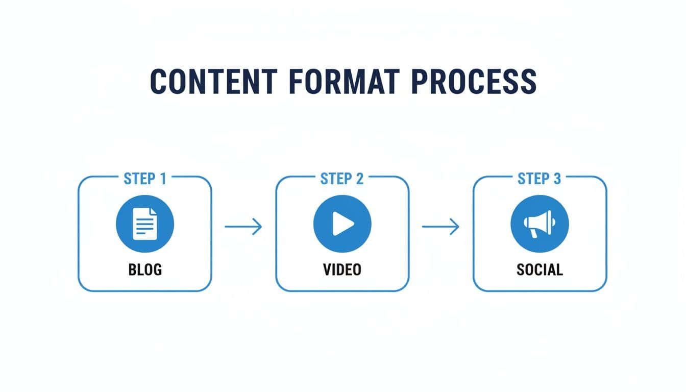 A content format process showing three steps: Blog (document), Video (play button), and Social (megaphone).