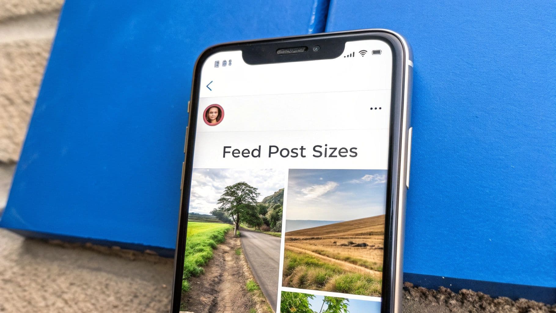 Close-up of an iPhone displaying a social media feed with 'Feed Post Sizes' title and landscape photos.