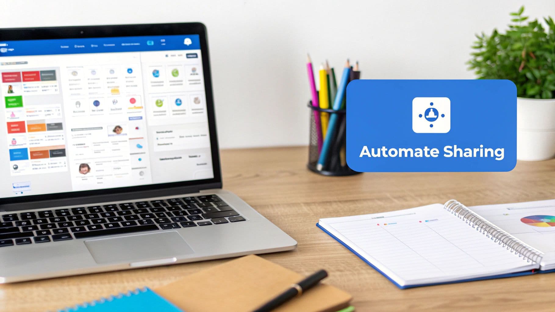 A laptop on a wooden desk displaying a web interface, next to a blue 'Automate Sharing' graphic.