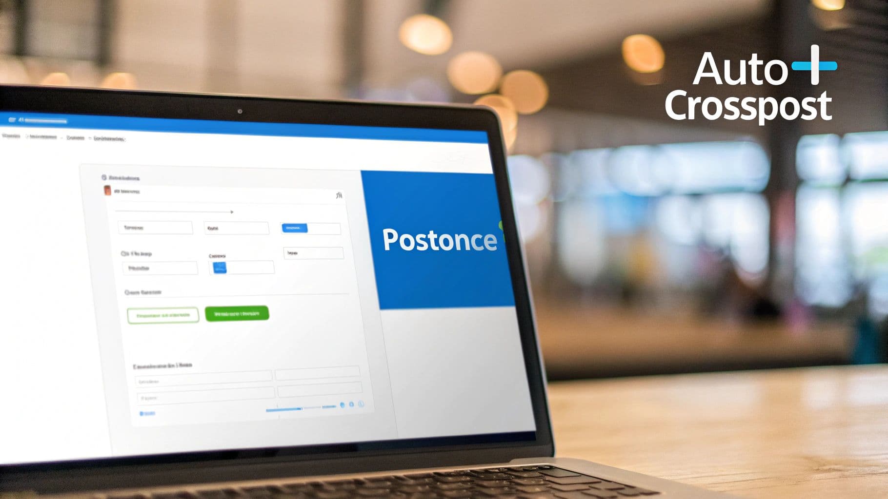 A laptop displaying the Postonce web application, likely for social media management, with an Auto Crosspost logo.