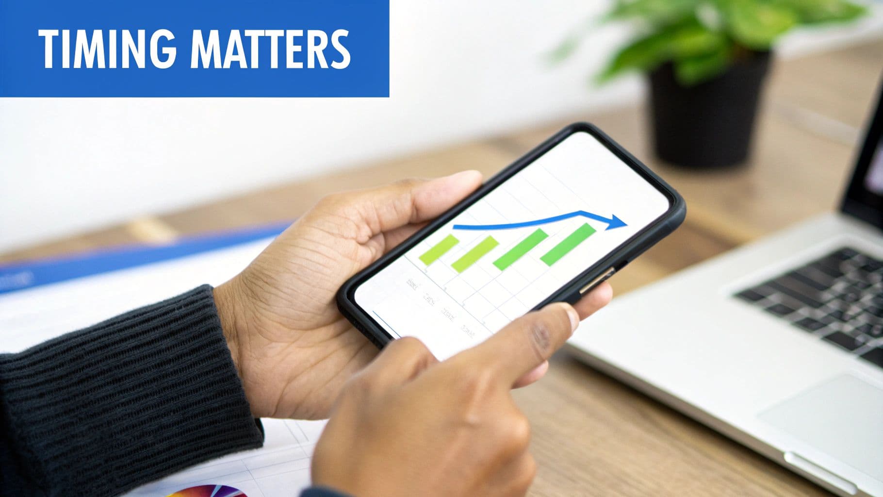 Person's hands holding a smartphone displaying a financial growth chart, with 'Timing Matters' text.