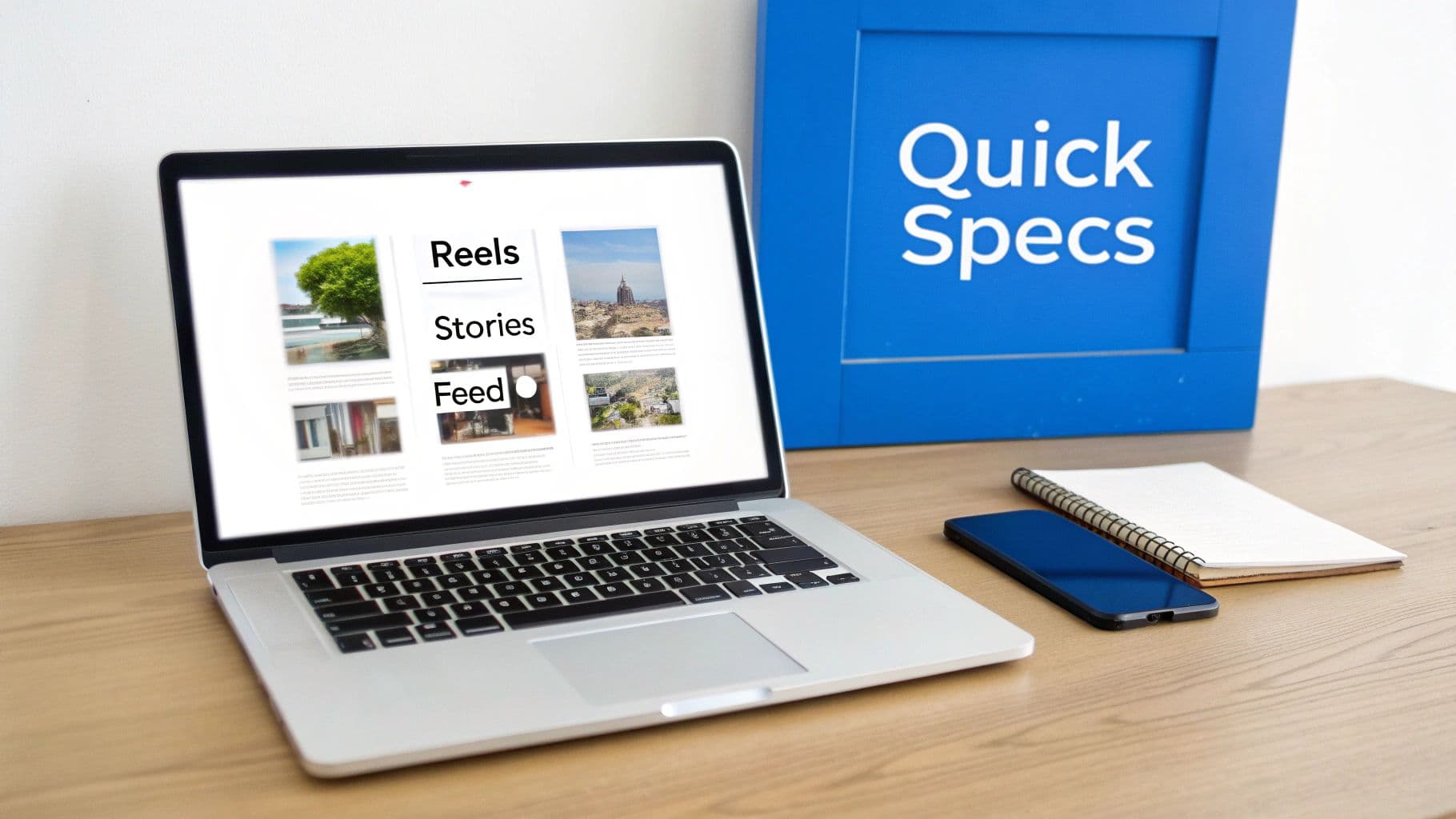 A laptop on a wooden desk displays social media Reels, Stories, and Feed content options.