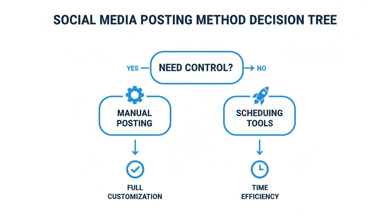 A social media posting method decision tree, illustrating choices between manual posting for control and scheduling tools for efficiency.