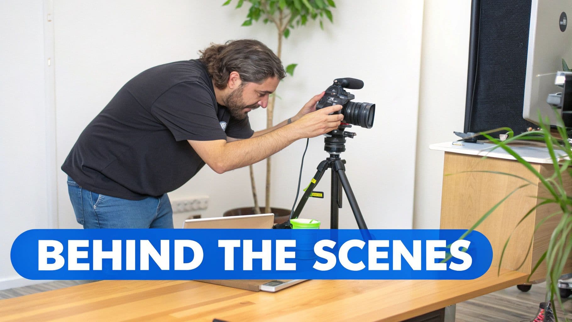 A man with a beard adjusts a professional camera on a tripod, setting up for a video shoot, behind the scenes.