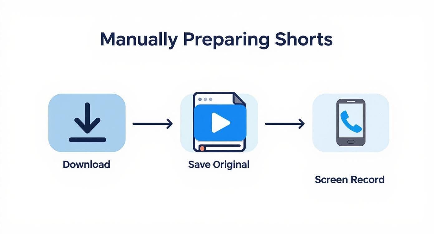 A diagram illustrating the manual process of preparing video shorts: download, save original, then screen record.