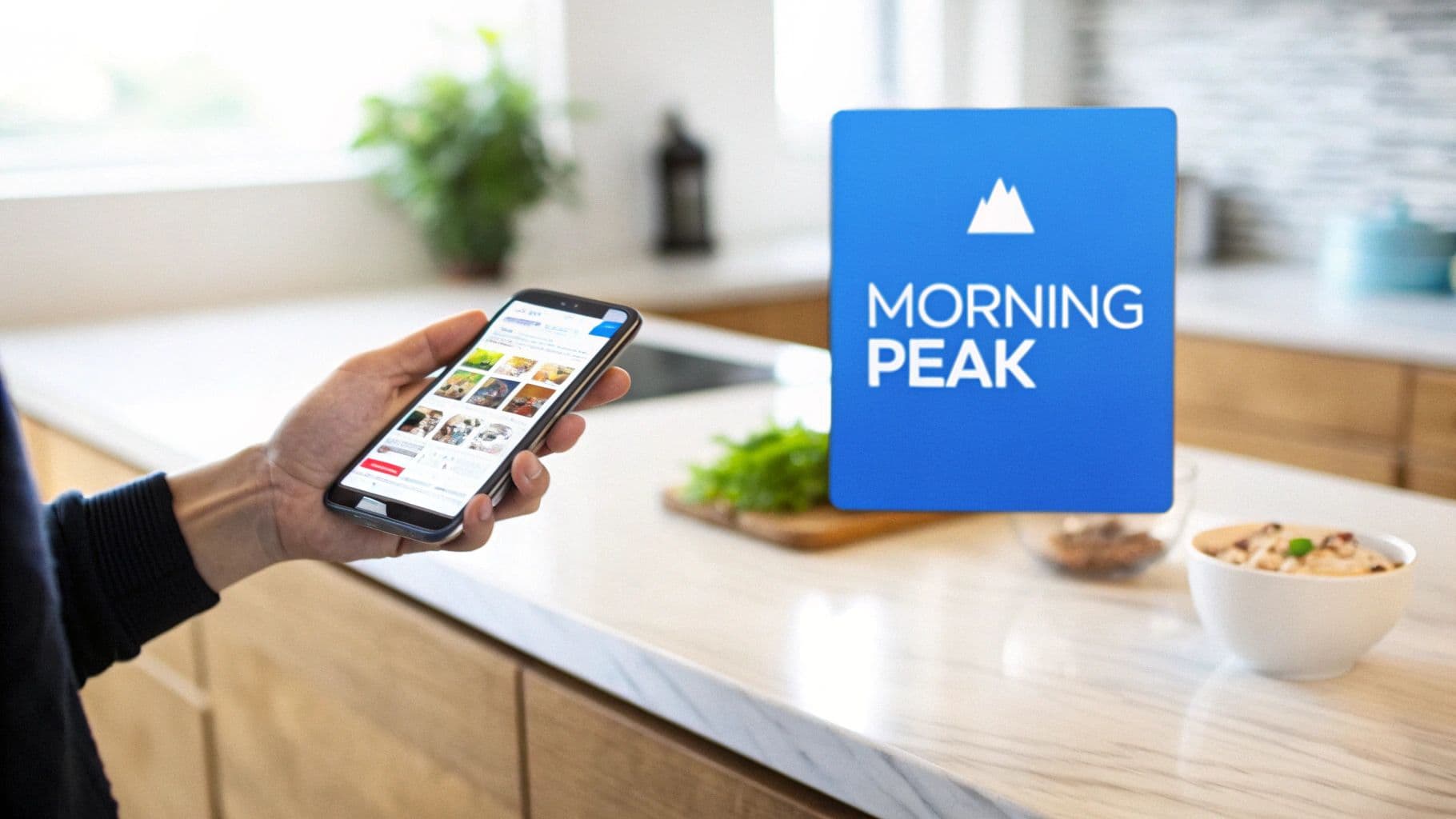 Modern kitchen scene with a smartphone displaying a social media app and a "Morning Peak" sign.