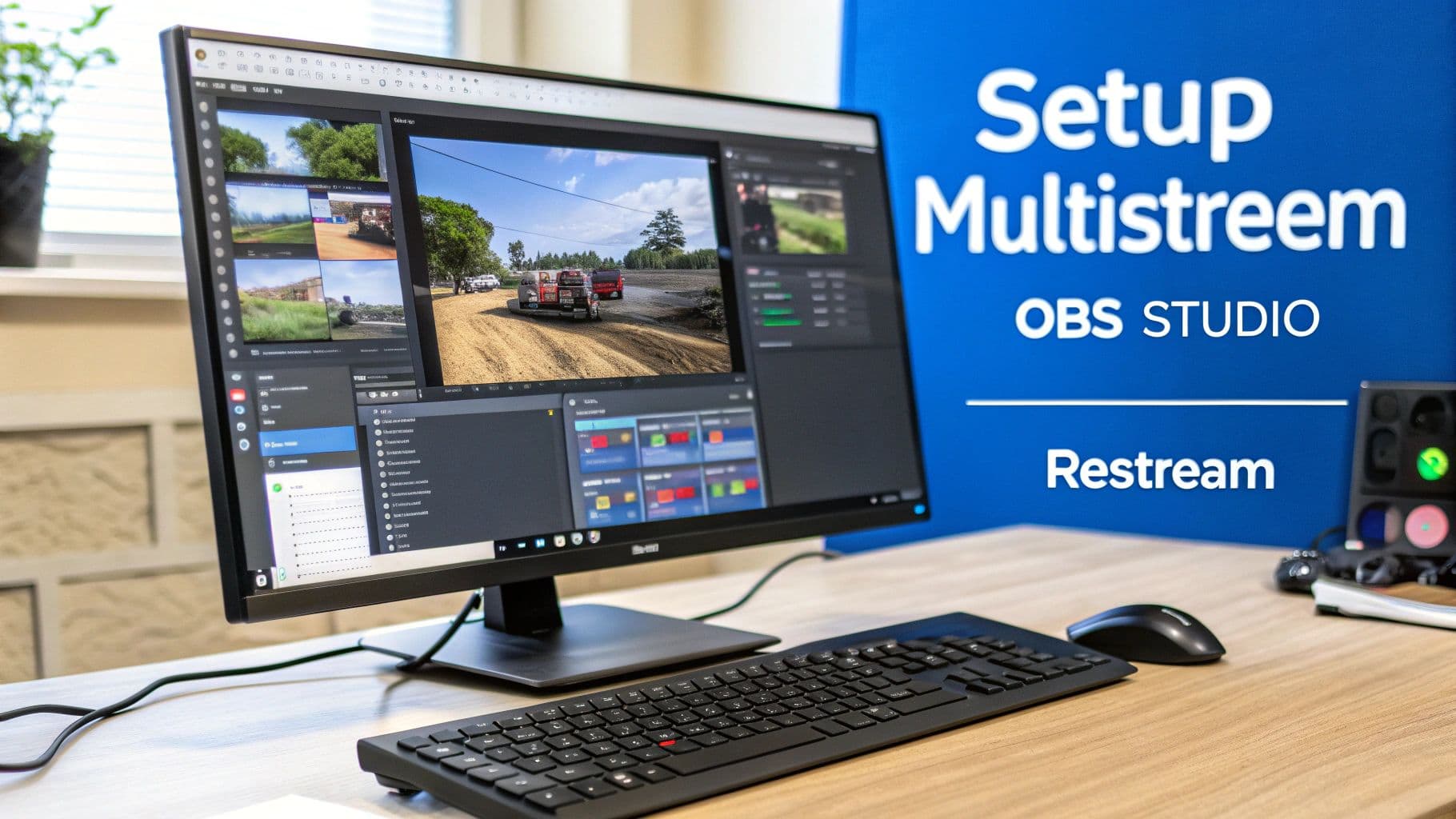 A creator's desk setup showing a microphone, headphones, and a monitor displaying streaming software.