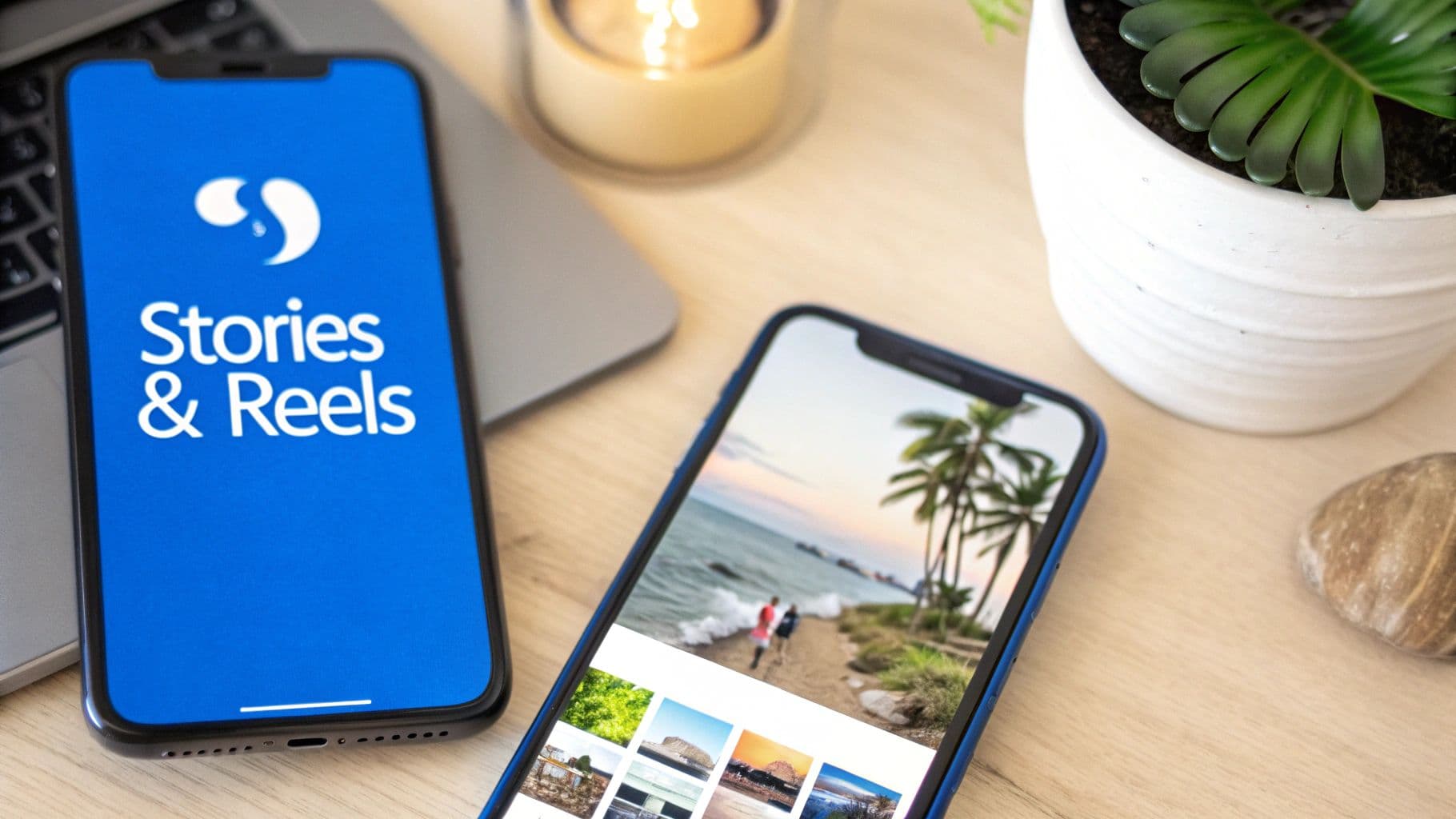 Two smartphones on a wooden desk, one showing 'Stories & Reels' and the other a beach photo.
