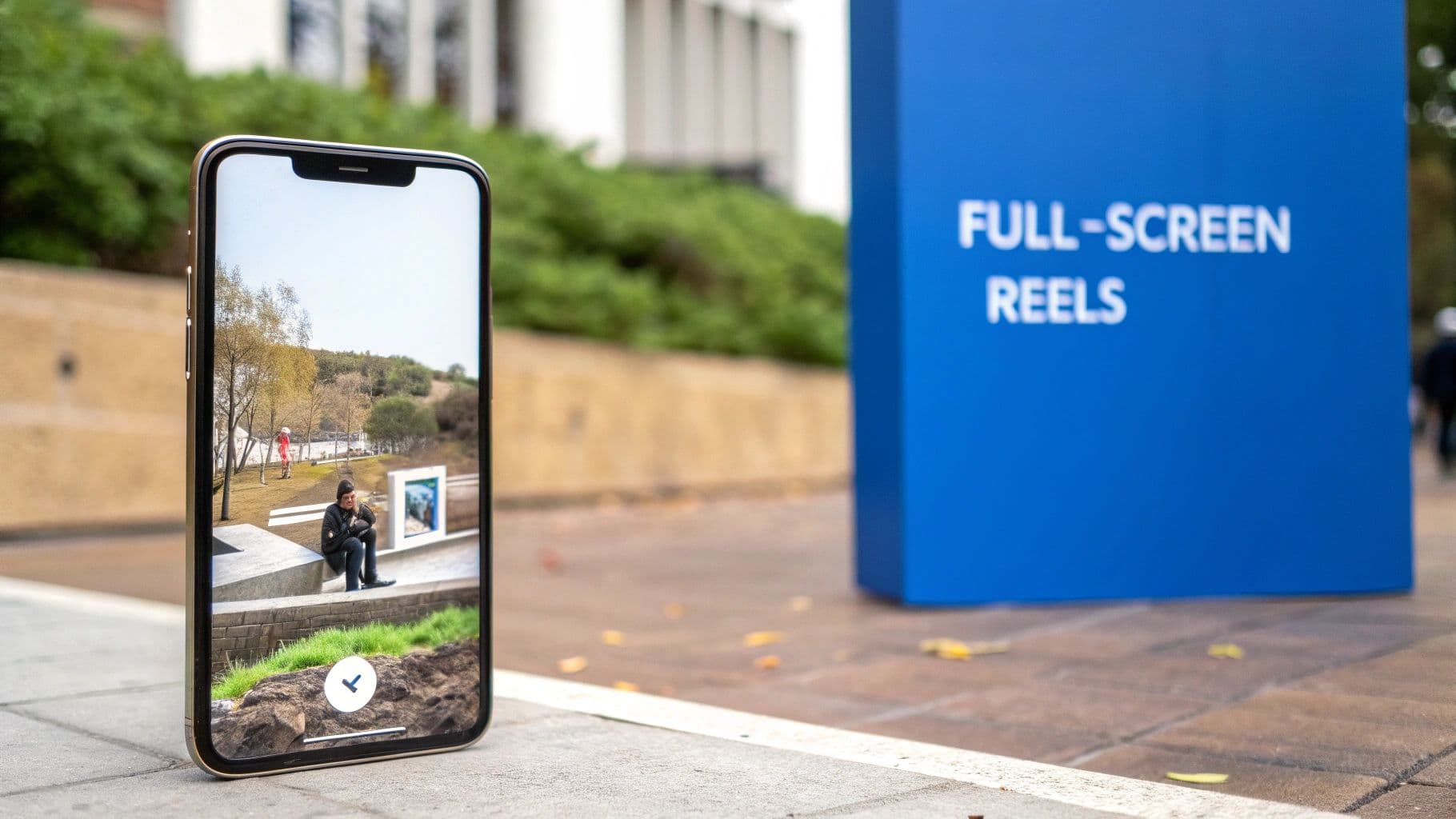 An iPhone displaying a full-screen video of a person outdoors, next to a blue 'FULL-SCREEN REELS' sign.