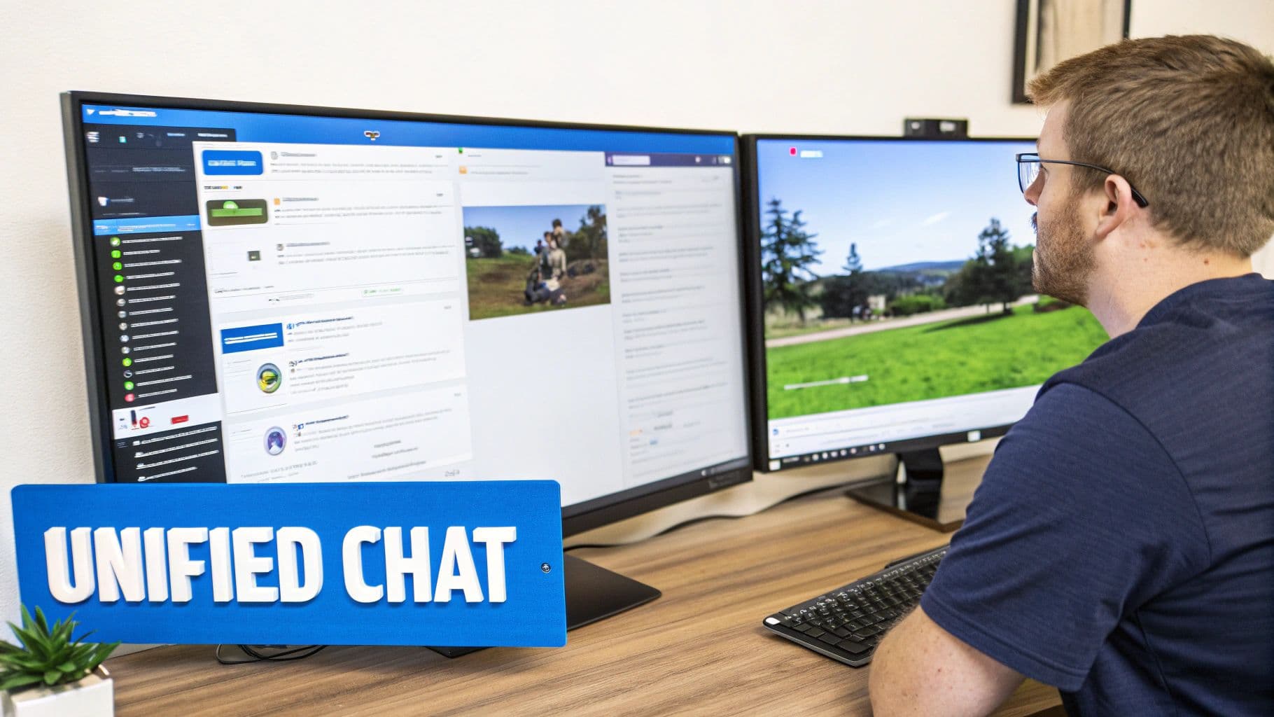 Man using dual monitors with a 'Unified Chat' sign, managing multiple online platforms.