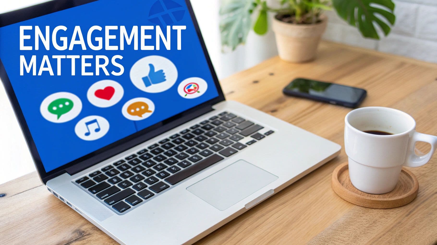 A close-up of a smartphone screen showing social media engagement metrics like likes, comments, and shares, with analytical charts in the background.