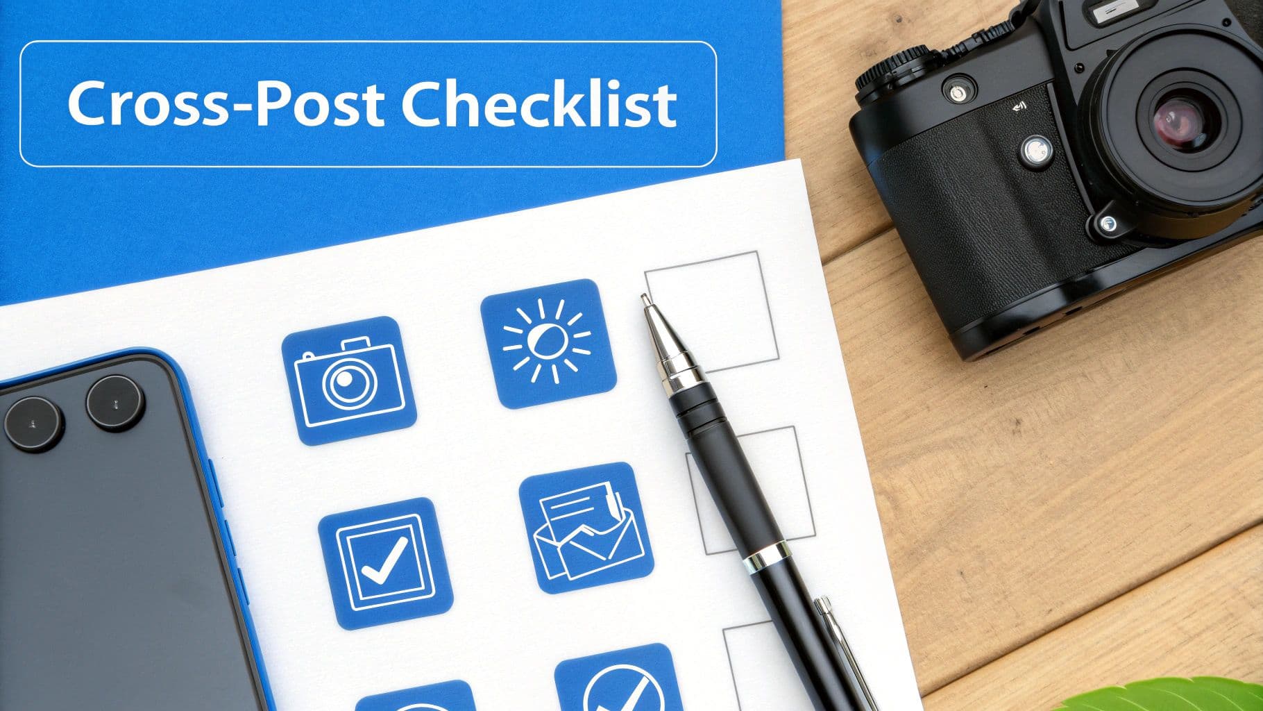 A cross-post checklist with icons, a pen, smartphone, and camera on a wooden desk.