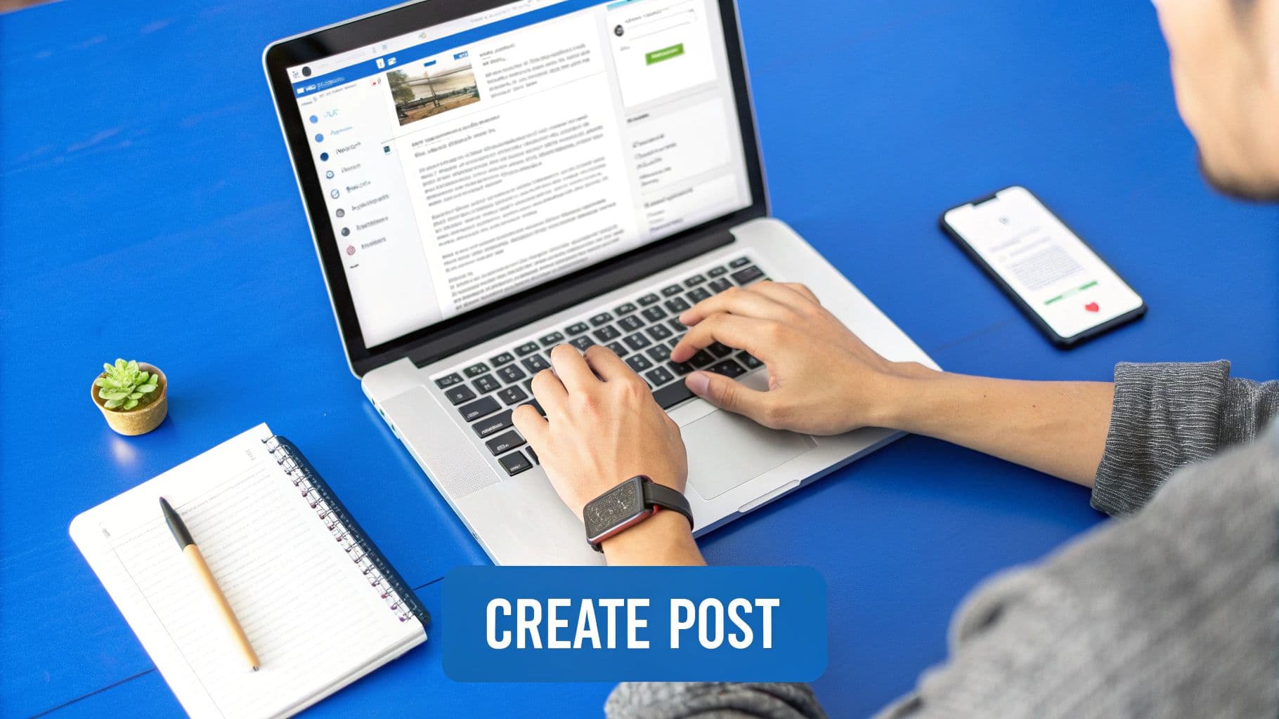 A social media manager using Meta Business Suite on a laptop to schedule posts for Facebook and Instagram.