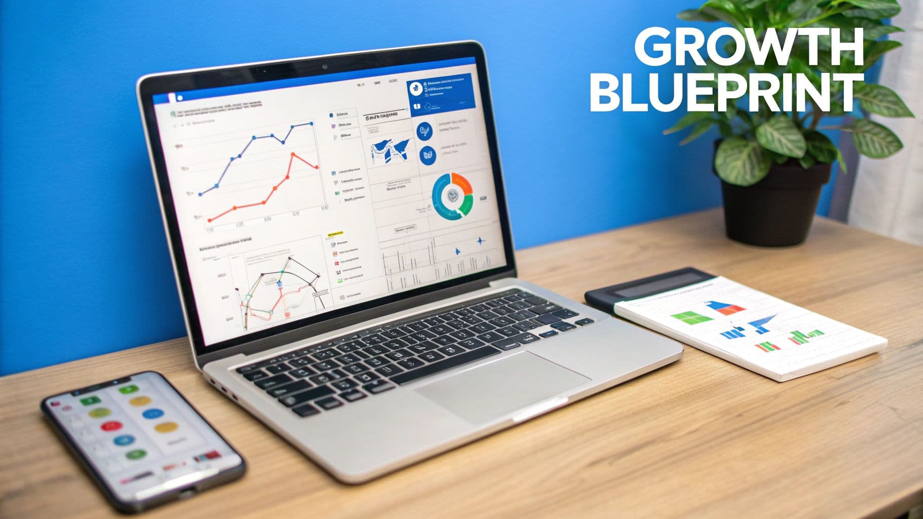 A laptop displays charts and graphs on a wooden desk with a phone and a notebook.