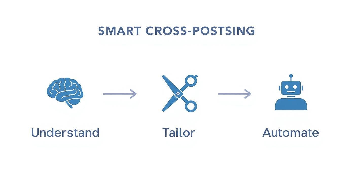 Smart cross-posting workflow diagram showing three steps: understand with brain icon, tailor with scissors, automate with robot