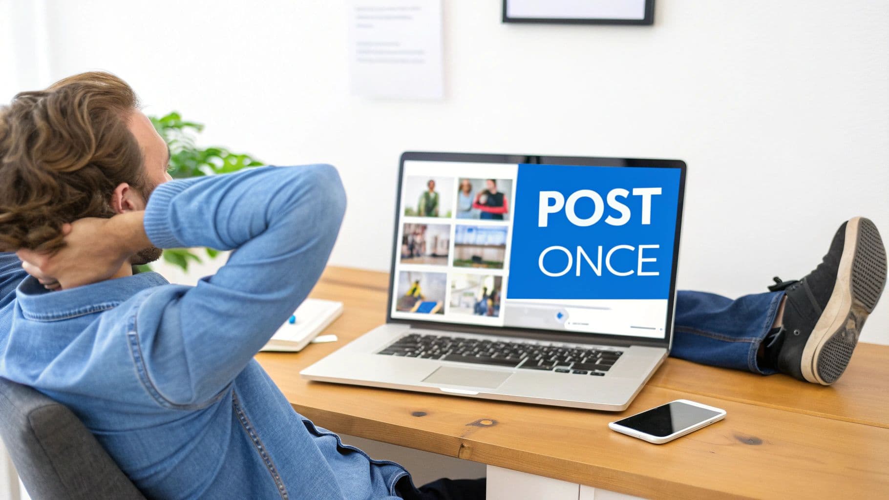 A man with feet on desk, relaxing while viewing a laptop screen showing 'POST ONCE' for social media.