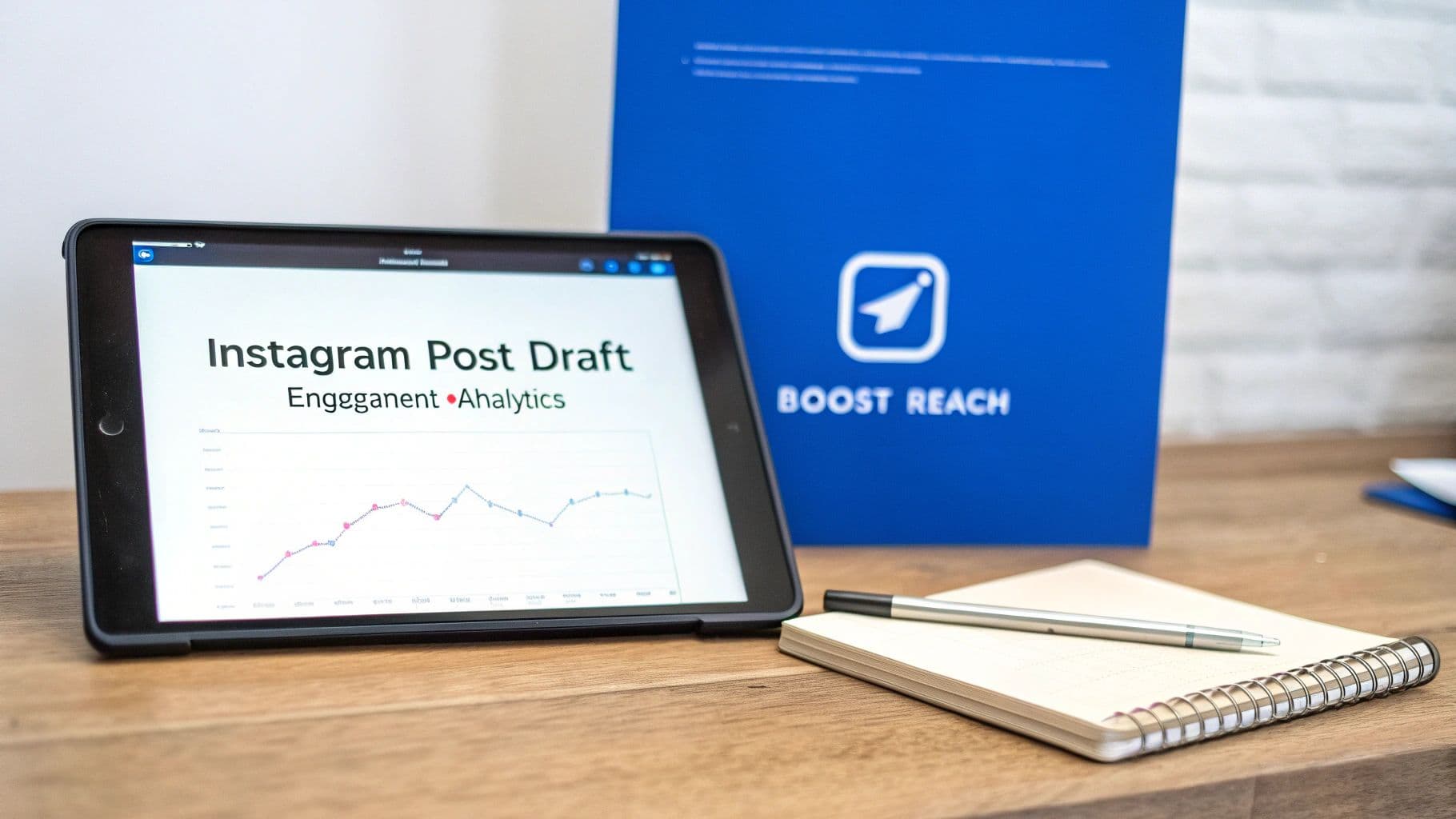 An iPad displaying an 'Instagram Post Draft' with engagement analytics, next to a 'BOOST REACH' folder.