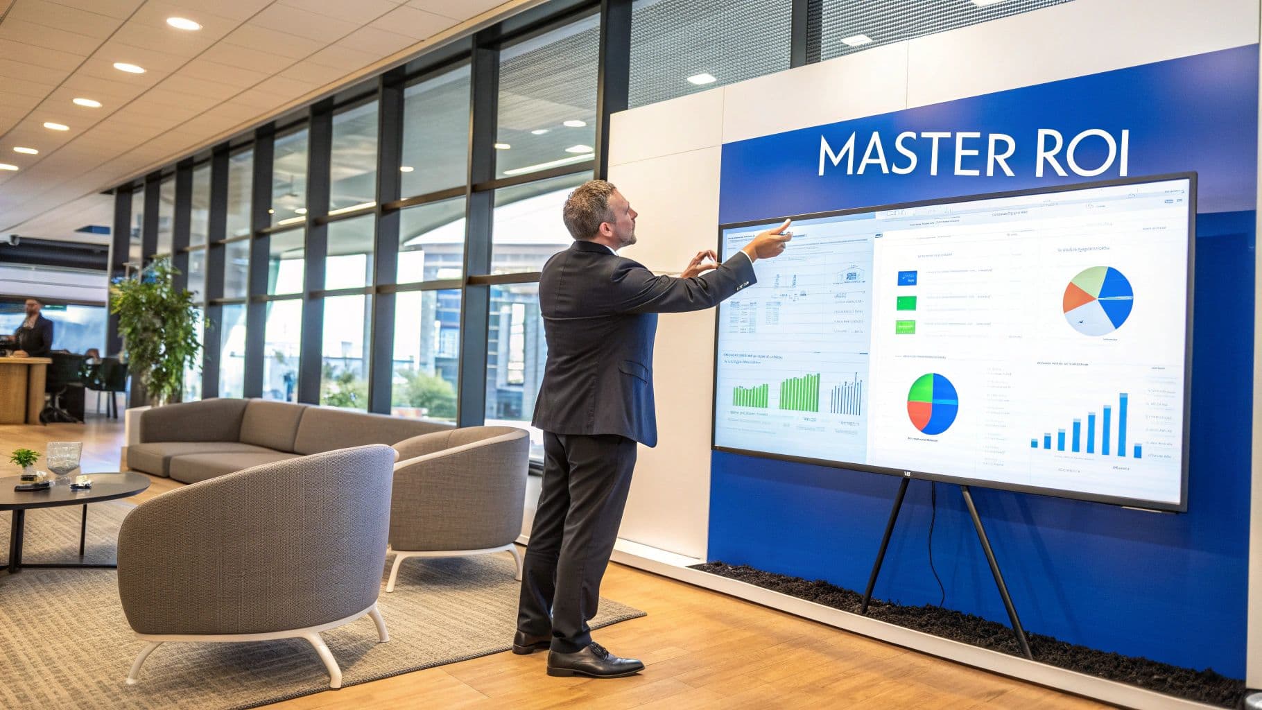 A person at a desk analyzing charts and graphs on a computer screen, representing marketing ROI analysis.