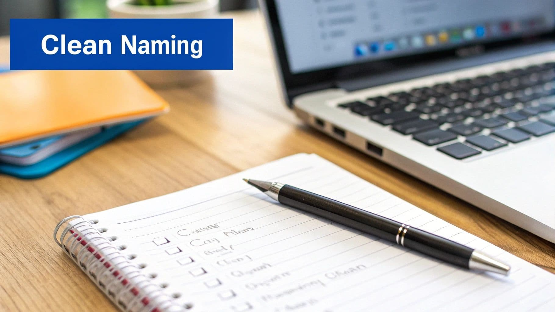 A close-up of a neat wooden desk featuring a laptop, an open notebook with a pen, and a banner reading 'Clean Naming'.