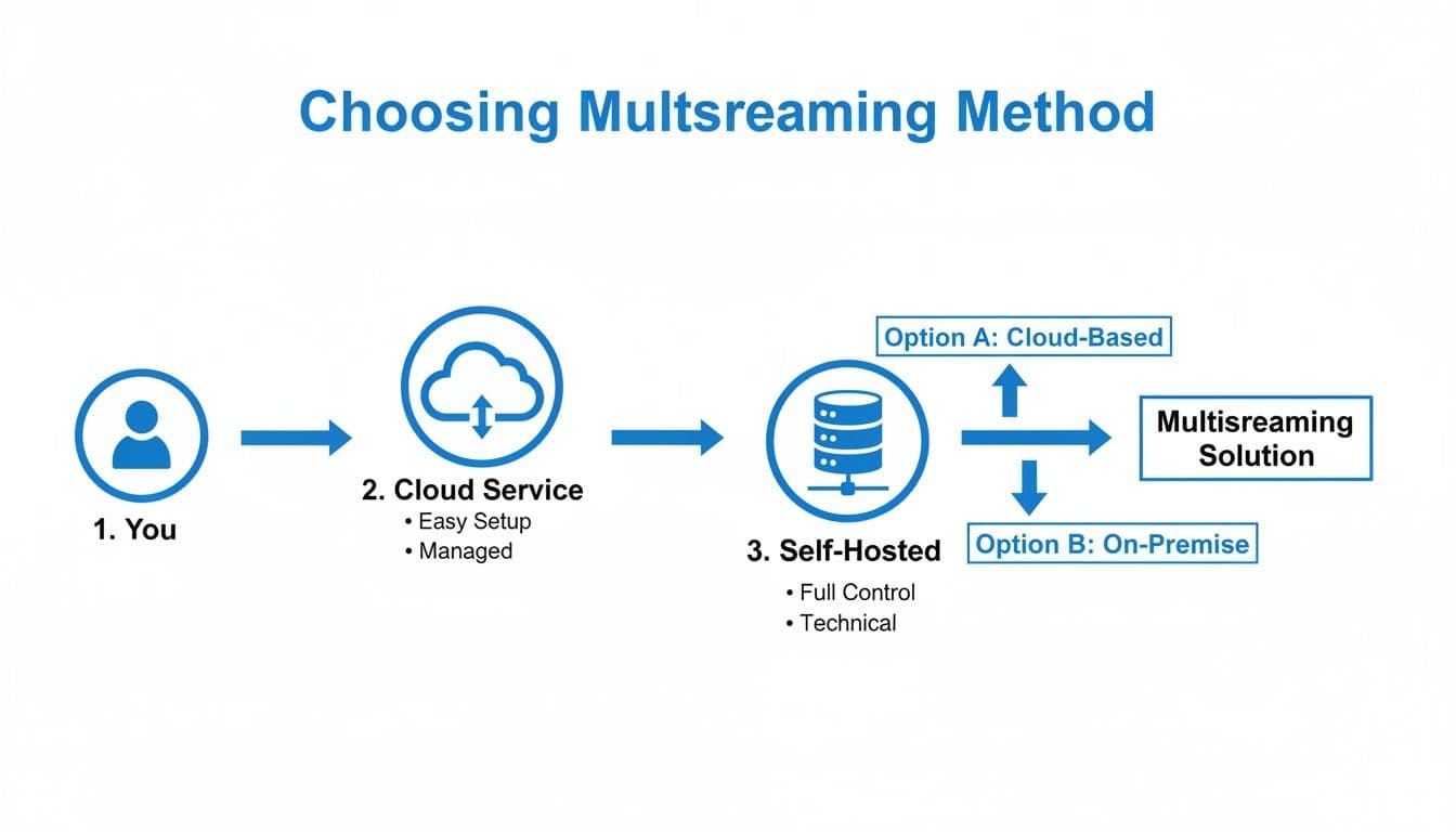 Flowchart illustrating the choice of multistreaming methods: from user to cloud service, then self-hosted with cloud-based or on-premise options.