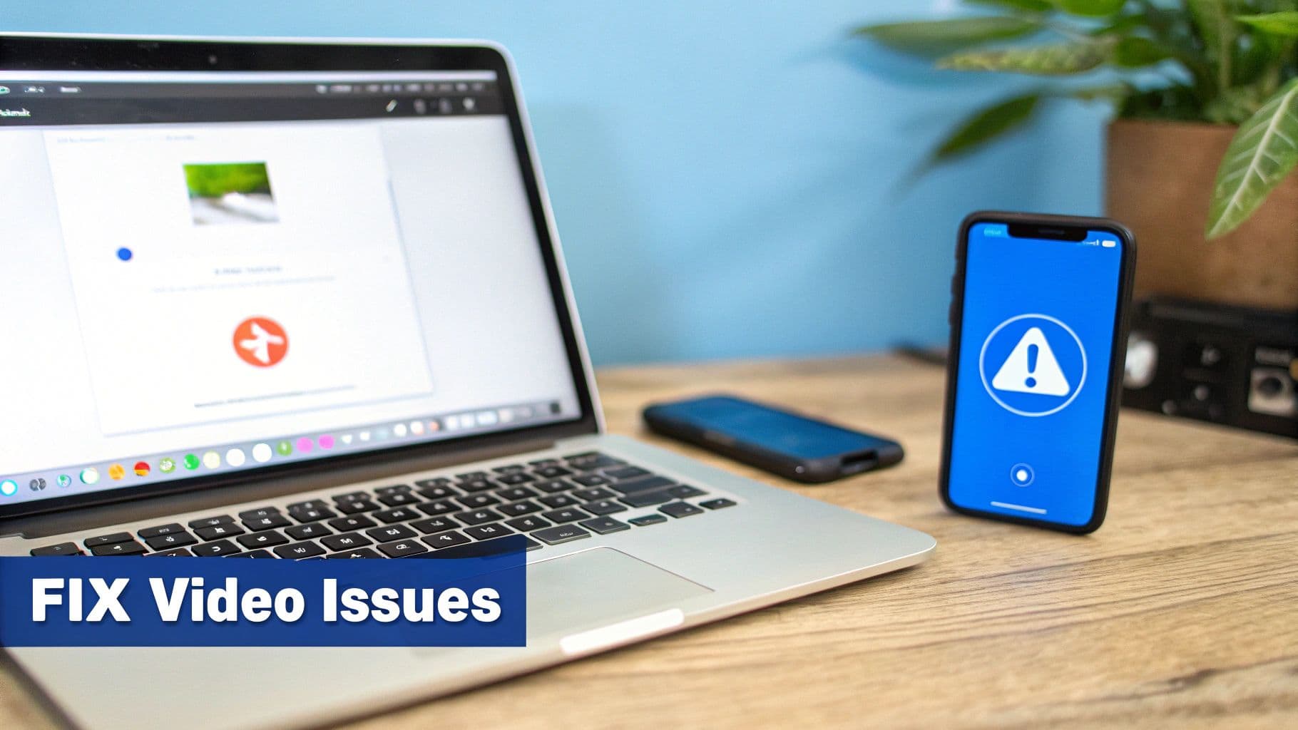 A laptop and a smartphone on a desk both display error messages, illustrating video issues.
