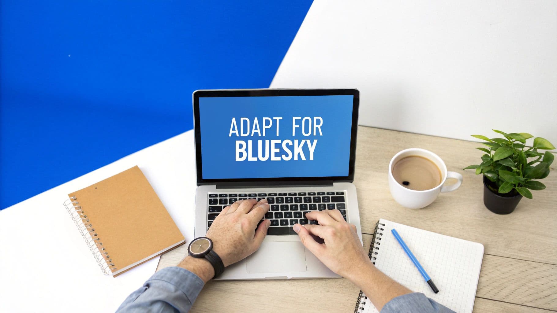 Overhead view of a person typing on a laptop displaying 'ADAPT FOR BLUESKY', with coffee and notebooks on a desk.