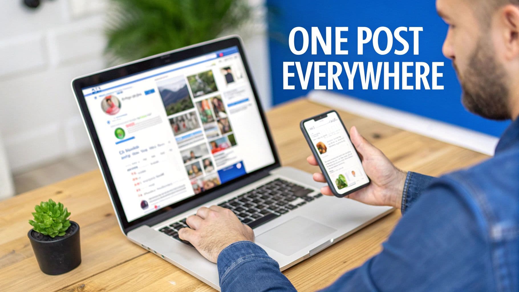 A person using a laptop and smartphone, displaying unified social media content feeds with the text "ONE POST EVERYWHERE".