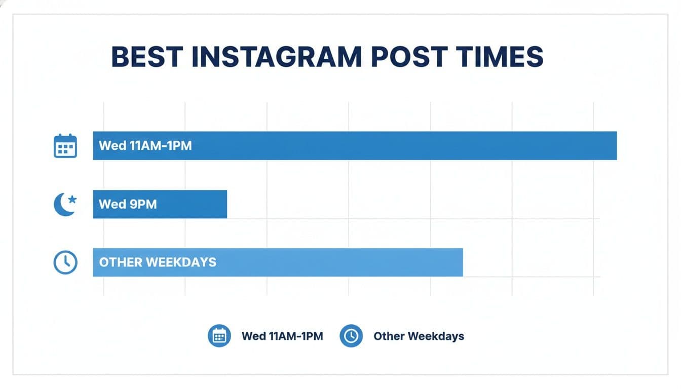 Bar chart illustrating best Instagram post times, with Wednesday 11 AM-1 PM as the top recommendation.