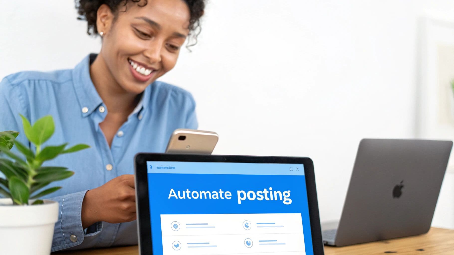 Smiling woman happily looks at her phone, with a tablet displaying 'Automate posting' for social media in front.