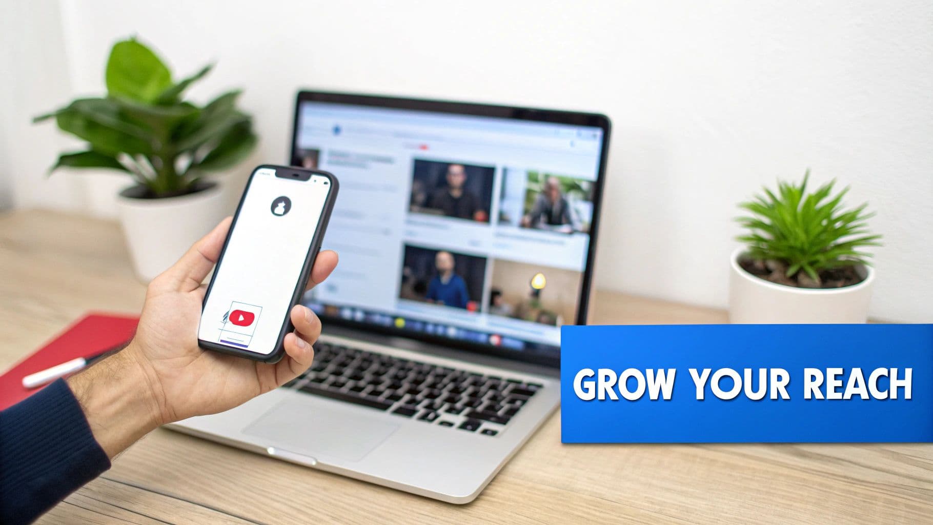 A person editing a video on a laptop with social media icons floating around, symbolizing cross-platform content creation.