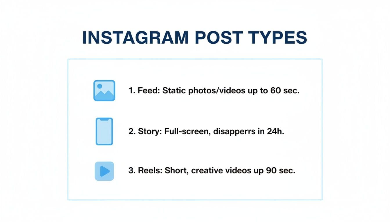 An infographic illustrating three Instagram post types: Feed, Story, and Reels, with their descriptions.